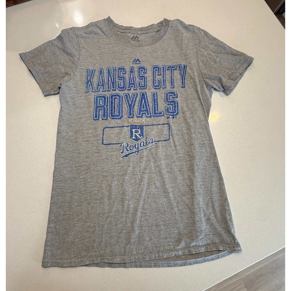 Majestic Kansas City Royals MLB Graphic T-Shirt Gray Blue Small